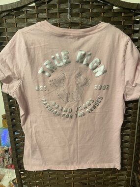 True Religion Pink Logo Tee - Short Sleeve Long Crop Tee